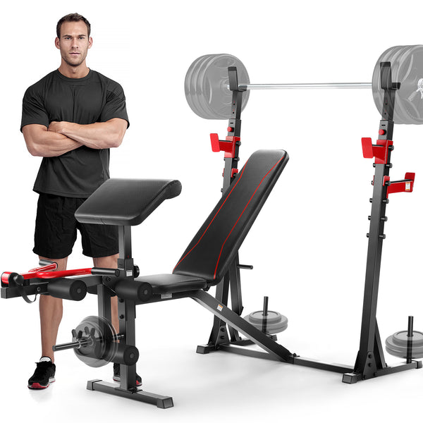 Adjustable Weight Bench 900LBS Olympic Weight Bench Set W/Squat Rack, Preacher Curl, Leg Extension Full Body Workout Bench Press